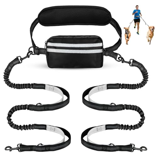 Risipu Freihändige Hundeleine für 2 Hunde, Verstellbarer Hüftgurt mit Tasche und Taillenstütze, absorbierende Bungee-reflektierende Nähte zum Laufen, Walken, Joggen von Risipu