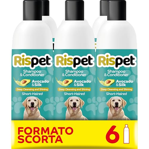 RISPET Shampoo und Spülung, Avocado und Seide, Wasch- und Desinfektionsmittel für Hunde und kurzhaarige Tiere, Zarte Formel ohne Allergene und ausgeglichener pH-Wert, Talkum-Duft, 6x370 ml RISPET Shampoo und Spülung, Avocado und Seide, Wasch- und Desinfektionsmittel für Hunde und kurzhaarige Tiere, Zarte Formel ohne Allergene und ausgeglichener pH-Wert, Talkum-Duft, 6x370 ml von Rispet
