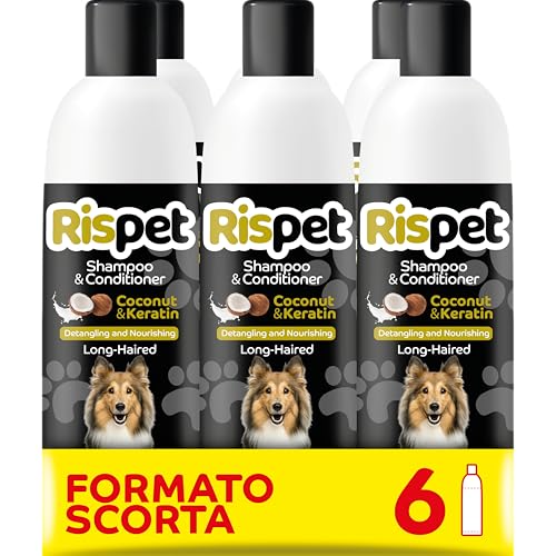 RISPET Shampoo und Spülung, Kokosnuss und Keratin, Reinigungs- und Desinfektionsmittel für Hunde und langhaarige Tiere, Zarte Formel ohne Allergene und ausgeglichener pH-Wert, Kokosnussduft, 6x370 ml RISPET Shampoo und Spülung, Kokosnuss und Keratin, Reinigungs- und Desinfektionsmittel für Hunde und langhaarige Tiere, Zarte Formel ohne Allergene und ausgeglichener pH-Wert, Kokosnussduft, 6x370 ml von Rispet