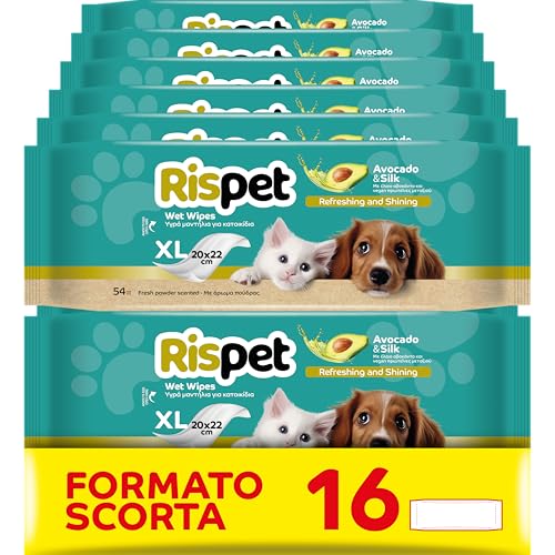 Rispet Hygienische und reinigende Tücher XL, Avocado und Seide, für das Fell von Hunden, Katzen und Haustieren, 864 Tücher von Rispet