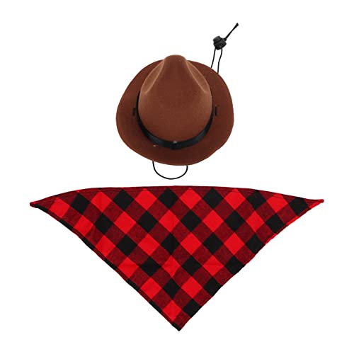 Cowboy-Hut und Schal für Hunde, Stilvolles 2-teiliges Haustier-Kostüm, Niedliches und Cooles Polyester-Material für Geburtstagsfeiern Zum Anziehen von Cowboy-Hut (braun + rotes Gitter) von Riuulity