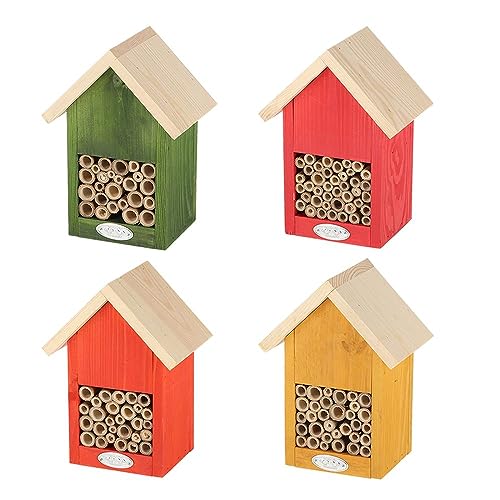 Rivanto® Naturtöne Bienenhaus aus Kiefernholz, H23 x 16 x 12 cm, 1 Stück buntes Insektenhotel mit Nisthülsen aus Bambus von Rivanto