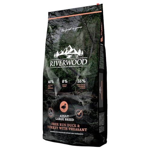 Riverwood Adult Large Breed | Freiland Ente & Truthahn mit Fasan |Ultra Premium Getreidefreies Hypoallergenes Trockenfutter für ausgewachsene Hunde | Hoher Fleischanteil | großer Rassen | 12 KG von Riverwood