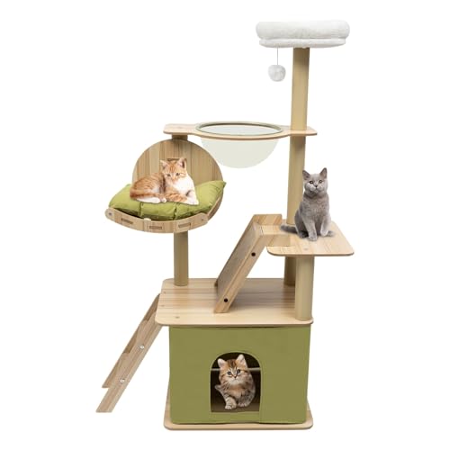 RjcdOPL Kratzbaum, 140 cm, mit Höhle und gepolstertem Bett, 2 Plattformen, transparente Kapsel, Pfosten aus Oxford-Stoff, Grün und Holzscheite von RjcdOPL