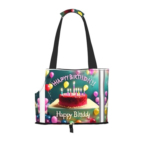 Schöne tragbare Haustier-Schultertasche mit Aufschrift "Happy Birthday", idealer Begleiter für Haustiere auf Reisen, Tragfähigkeit 10 kg, Sichtöffnung, Design mit Kragenhaken von RoMuKa