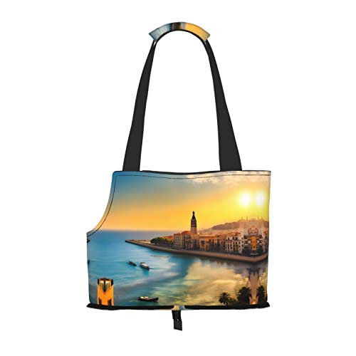 Sunset In Barcelona tragbare Haustier-Umhängetasche, idealer Begleiter für Haustiere auf Reisen, Tragfähigkeit 10 kg, Sichtöffnung, Design mit Kragenhaken von RoMuKa