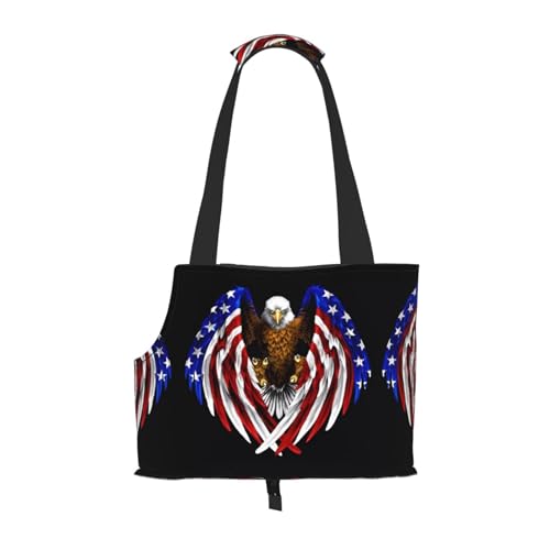 Tragbare Haustier-Umhängetasche mit USA-Flagge, Patriotischer Adler, idealer Begleiter für Haustiere auf Reisen, Tragfähigkeit 10 kg, Sichtöffnung, Design mit Kragenhaken von RoMuKa