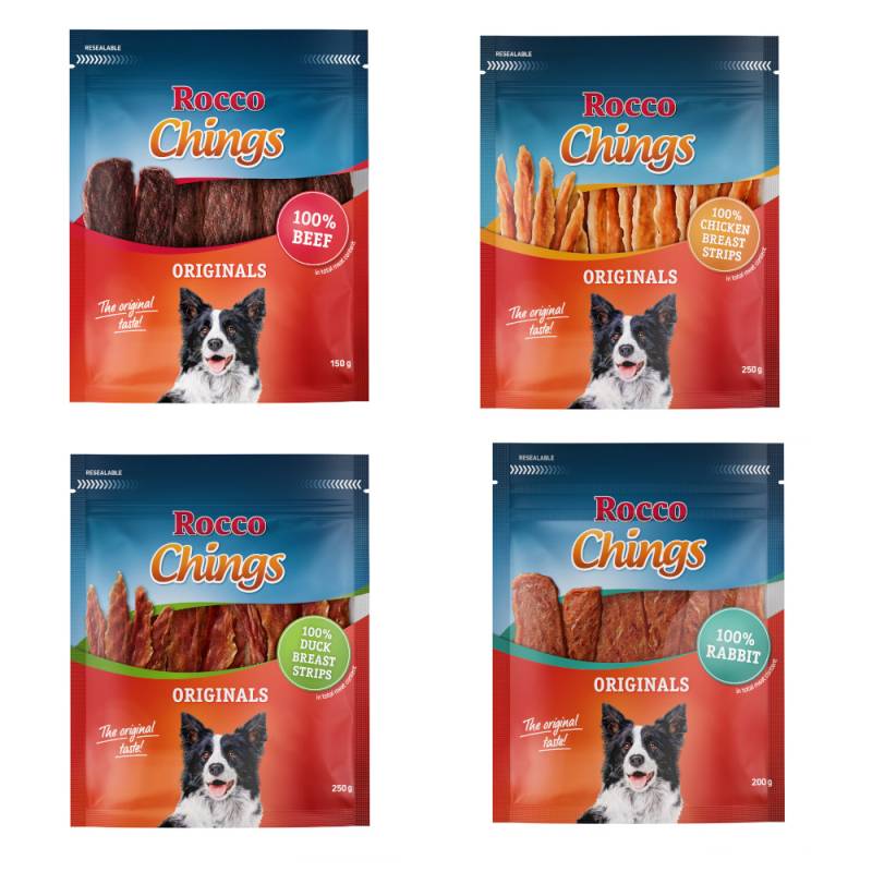 Gemischtes Probierpaket Rocco Chings Originals - Hühnerbrust Streifen, Entenbrust Streifen, Kaninchen, Rind 850 g von Rocco