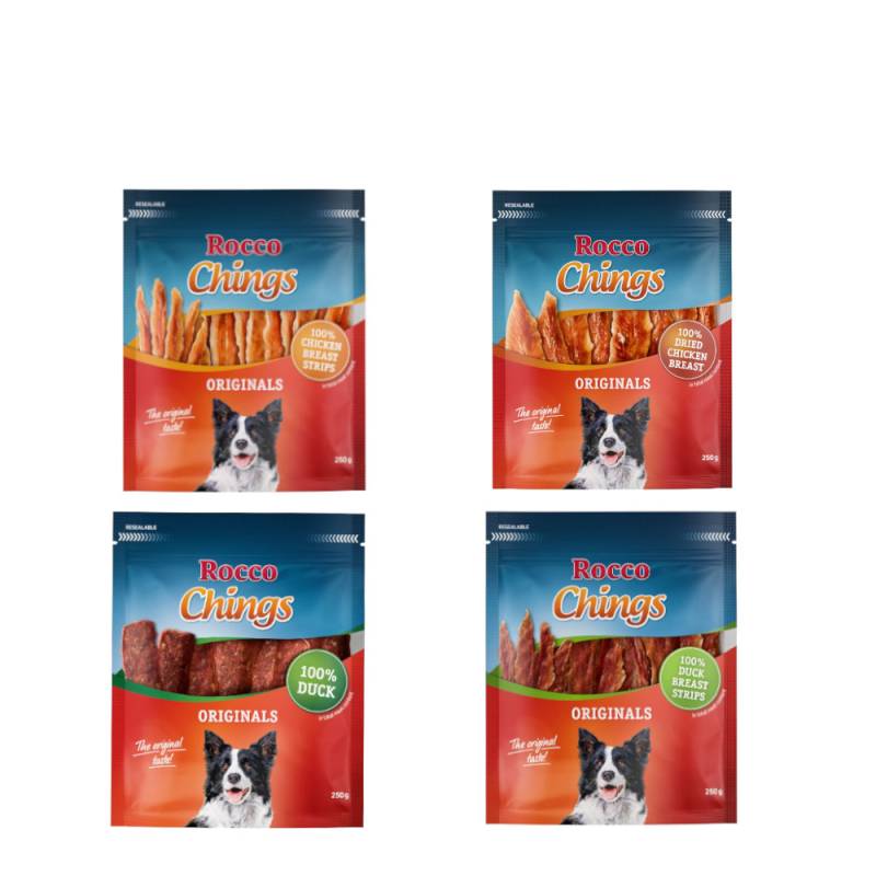 Gemischtes Probierpaket Rocco Chings Originals - Hühnerbrust Streifen & getrocknet, Entenbrust Streifen & getrocknet 1 kg Gemischtes Probierpaket Rocco Chings Originals - Hühnerbrust Streifen & getrocknet, Entenbrust Streifen & getrocknet 1 kg von Rocco