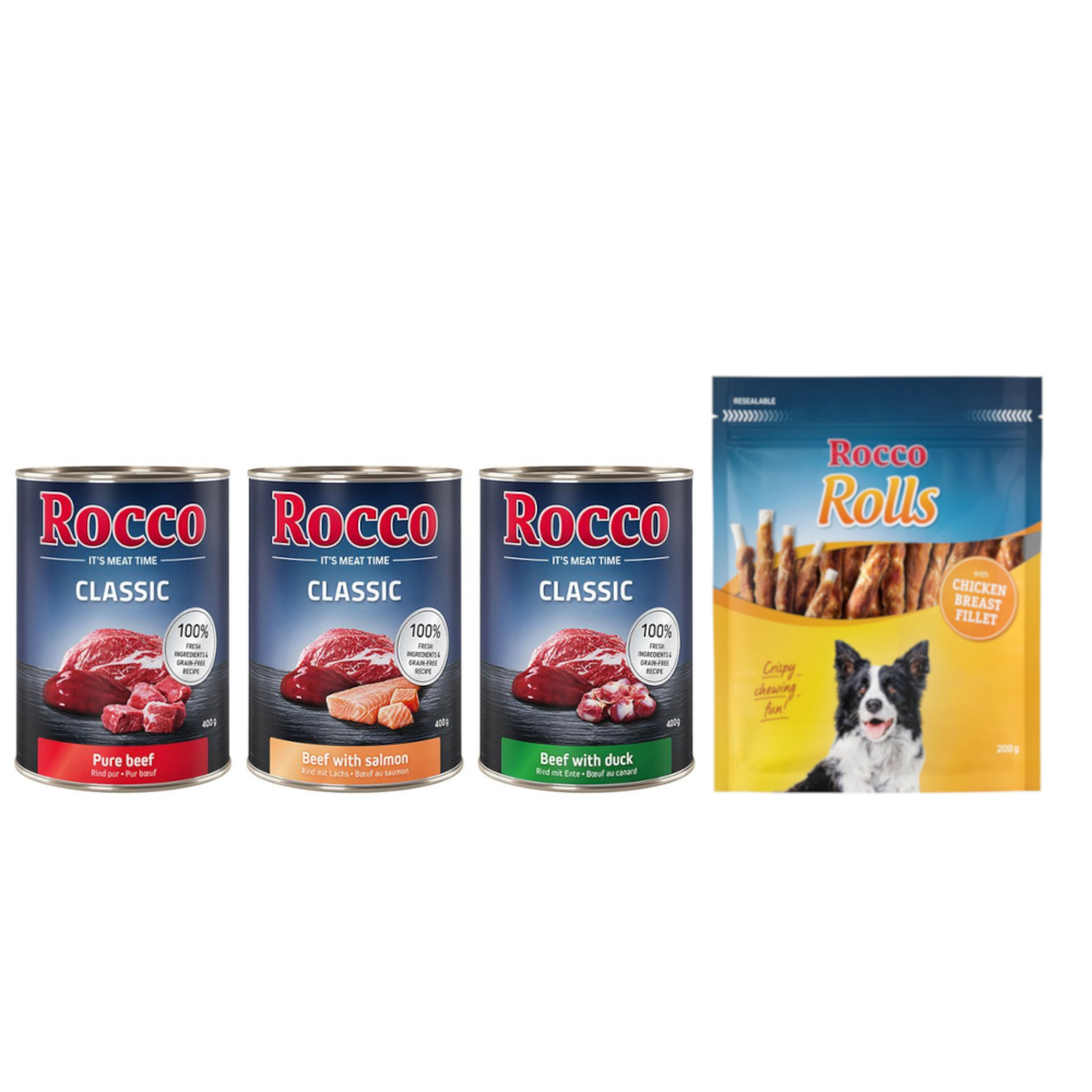 Kombi-Paket: Rocco Classic Probiermix Nassfutter + Rolls Snack - 24 x 400 g Exklusiv-Mix: Rind pur, Rind/Lachs, Rind/Ente + 3 x 200 g Hühnerbrustfilet Kombi-Paket: Rocco Classic Probiermix Nassfutter + Rolls Snack - 24 x 400 g Exklusiv-Mix: Rind pur, Rind/Lachs, Rind/Ente + 3 x 200 g Hühnerbrustfilet von Rocco