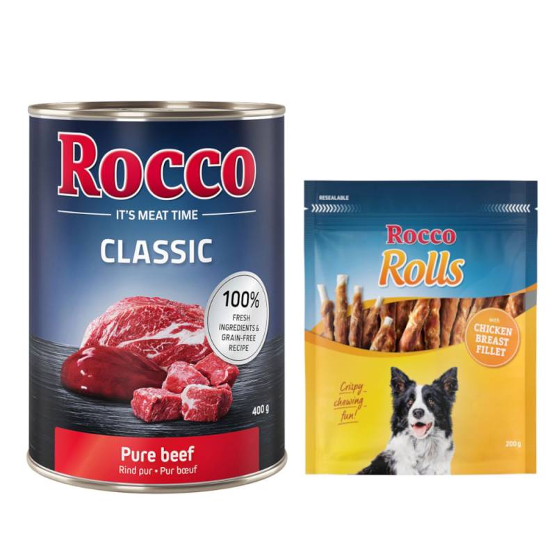 Kombi-Paket: Rocco Classic Probiermix Nassfutter + Rolls Snack - 24 x 400 g Rind pur + 3 x 200 g Hühnerbrustfilet Kombi-Paket: Rocco Classic Probiermix Nassfutter + Rolls Snack - 24 x 400 g Rind pur + 3 x 200 g Hühnerbrustfilet von Rocco