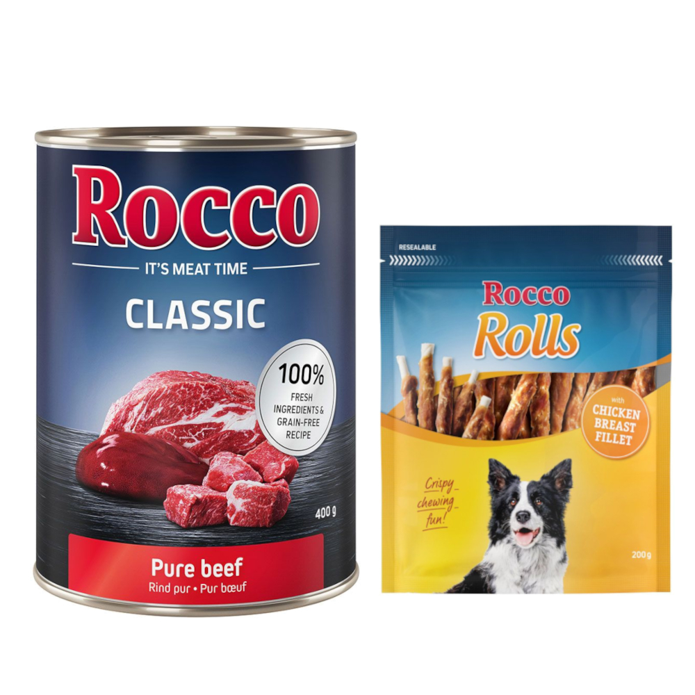 Kombi-Paket: Rocco Classic Probiermix Nassfutter + Rolls Snack - 24 x 400 g Rind pur + 3 x 200 g Hühnerbrustfilet Kombi-Paket: Rocco Classic Probiermix Nassfutter + Rolls Snack - 24 x 400 g Rind pur + 3 x 200 g Hühnerbrustfilet von Rocco