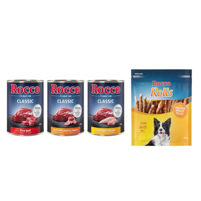 Kombi-Paket: Rocco Classic Probiermix Nassfutter + Rolls Snack - 24 x 400 g Topseller-Mix: Rind pur, Rind/Geflügelherzen, Rind/Huhn + 3 x 200 g Hühnerbrustfilet Kombi-Paket: Rocco Classic Probiermix Nassfutter + Rolls Snack - 24 x 400 g Topseller-Mix: Rind pur, Rind/Geflügelherzen, Rind/Huhn + 3 x 200 g Hühnerbrustfilet von Rocco