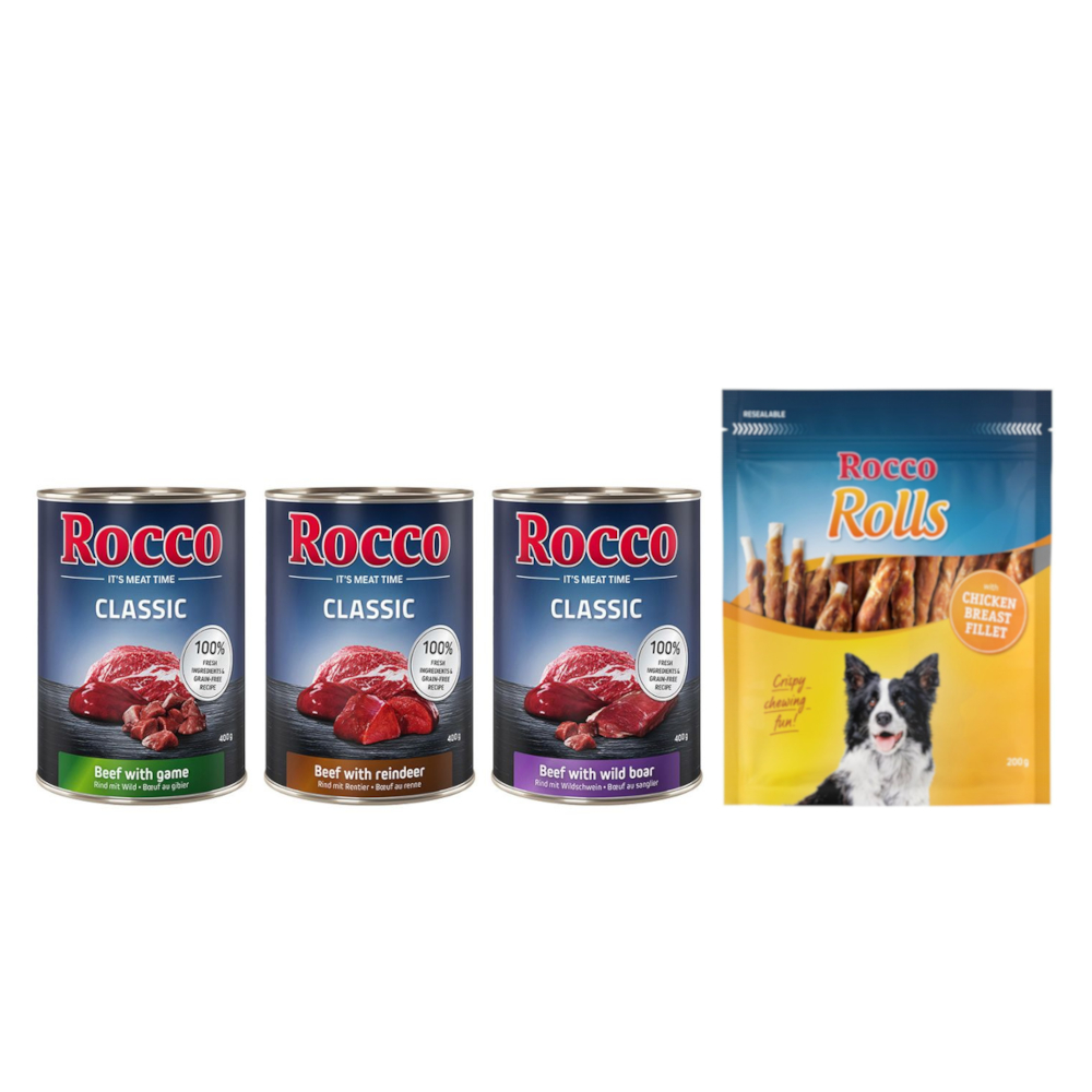Kombi-Paket: Rocco Classic Probiermix Nassfutter + Rolls Snack - 24 x 400 g Wild-Mix: Rind/Wild, Rind/Rentier, Rind/Wildschwein + 3 x 200 g Hühnerbrustfilet Kombi-Paket: Rocco Classic Probiermix Nassfutter + Rolls Snack - 24 x 400 g Wild-Mix: Rind/Wild, Rind/Rentier, Rind/Wildschwein + 3 x 200 g Hühnerbrustfilet von Rocco