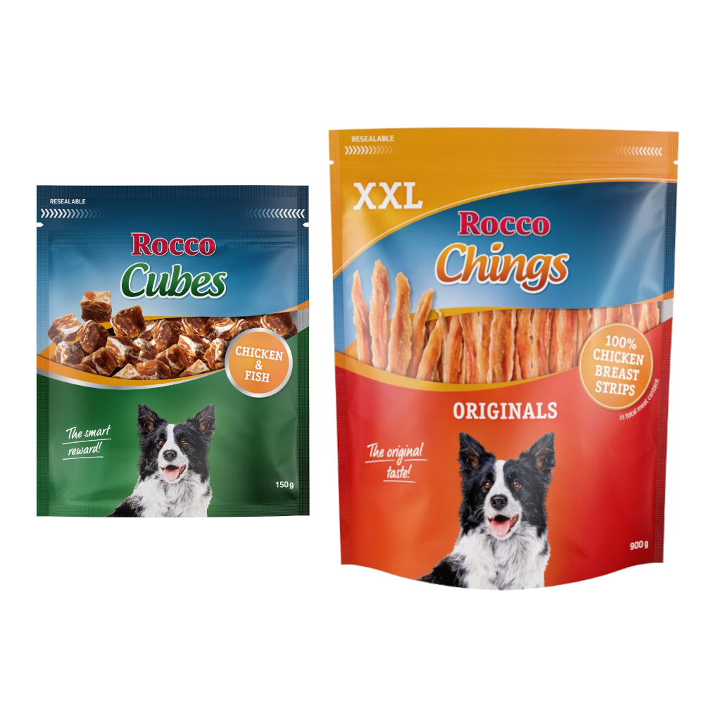 Kombi-Paket: Rocco Hundesnacks - Chings XXL Hühnerbrust in Streifen (900 g) + Cubes Huhn (4 x 150 g) von Rocco