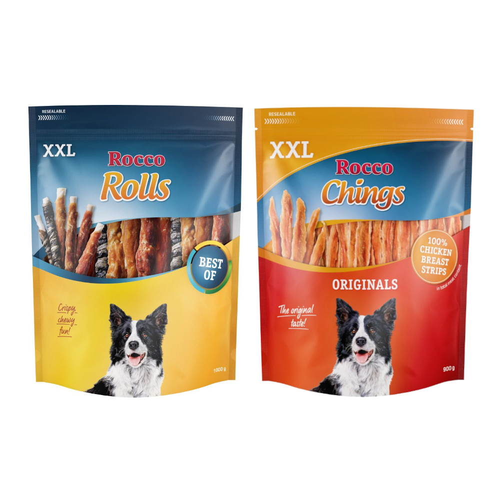 Kombi-Paket: Rocco Hundesnacks - Chings XXL Hühnerbrust in Streifen (900 g) + Rolls XXL Mix (1 kg) von Rocco