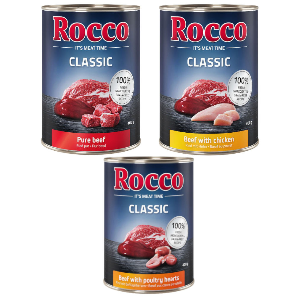 Rocco Classic Probiermix 6 x 400 g - Topseller-Mix: Rind pur, Rind/Geflügelherzen, Rind/Huhn von Rocco