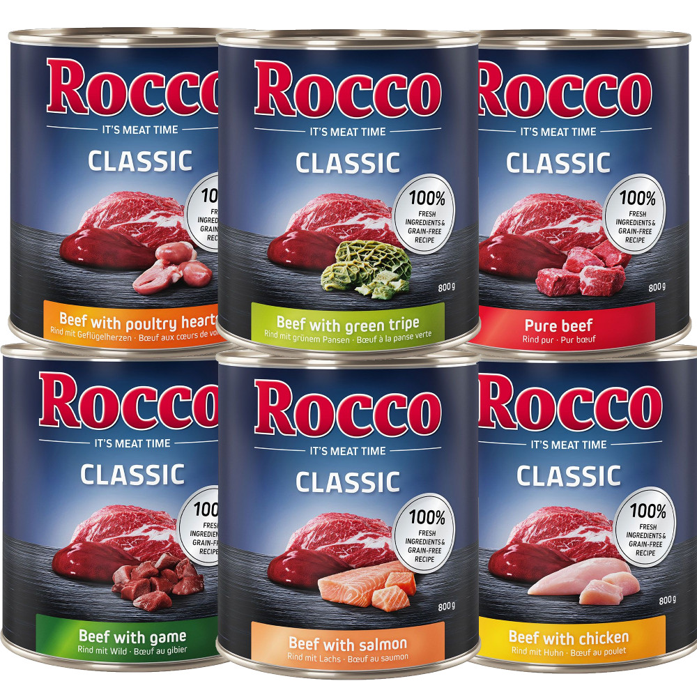 Rocco Classic Probiermix 6 x 800 g - Mix 1: Rind mit Huhn, Lachs, Geflügelherzen, Wild, Grünem Pansen, pur von Rocco