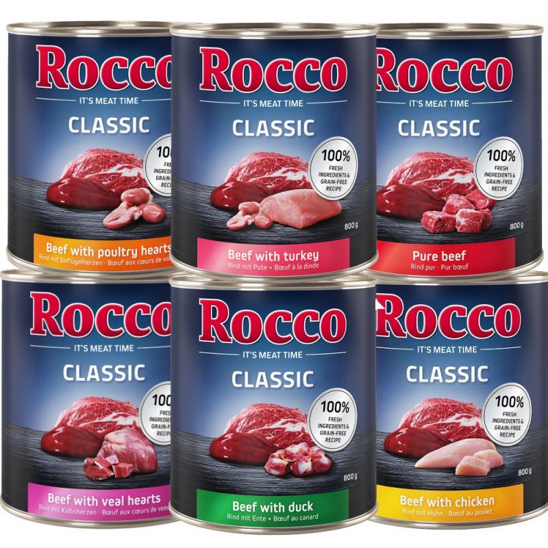 Rocco Classic Probiermix 6 x 800 g - Mix 2: Rind mit Huhn,  Pute, Geflügelherzen, Kalbsherzen, Ente, pur von Rocco