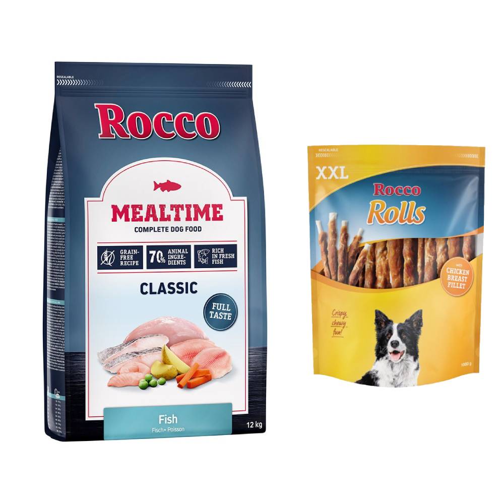 Rocco Kombi-Paket: 12 kg Mealtime Trockenfutter + 3 x 1 kg Rolls XXL Pack - Fisch + Hühnerbrust Rocco Kombi-Paket: 12 kg Mealtime Trockenfutter + 3 x 1 kg Rolls XXL Pack - Fisch + Hühnerbrust von Rocco