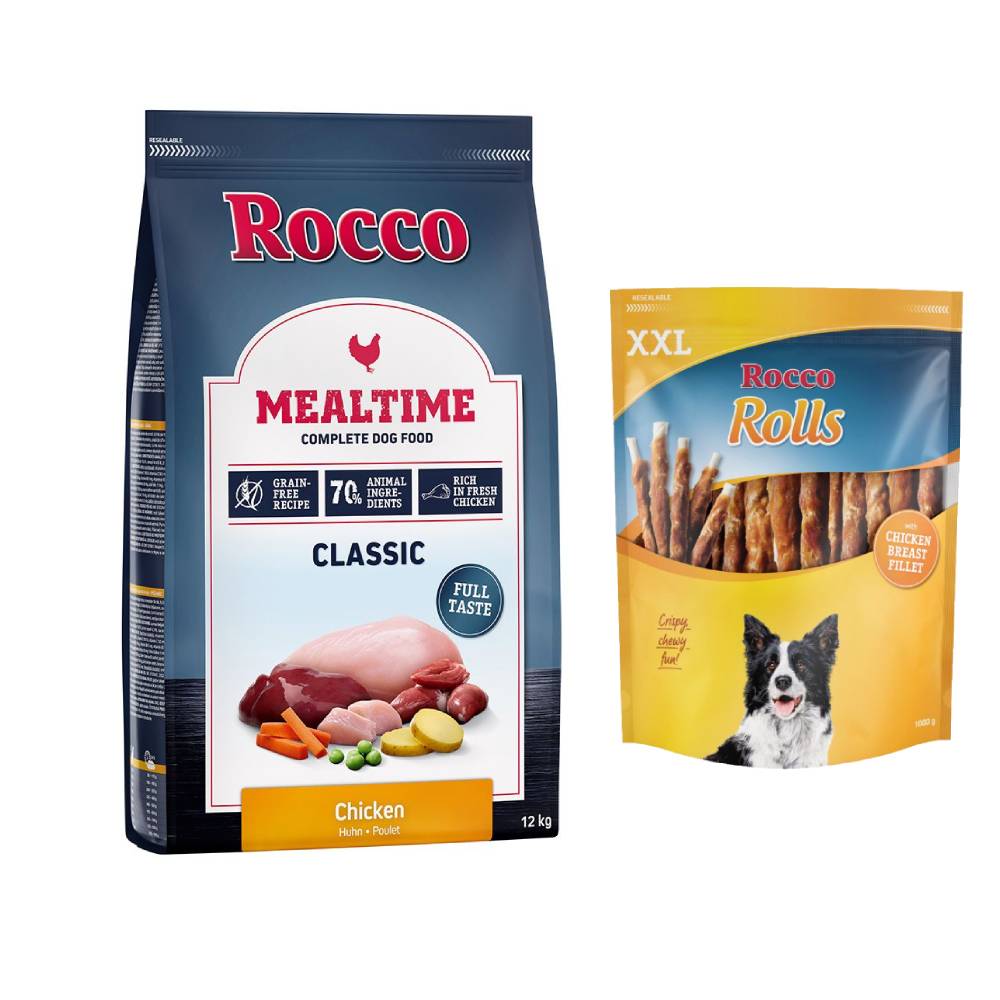 Rocco Kombi-Paket: 12 kg Mealtime Trockenfutter + 3 x 1 kg Rolls XXL Pack - Huhn + Hühnerbrust Rocco Kombi-Paket: 12 kg Mealtime Trockenfutter + 3 x 1 kg Rolls XXL Pack - Huhn + Hühnerbrust von Rocco
