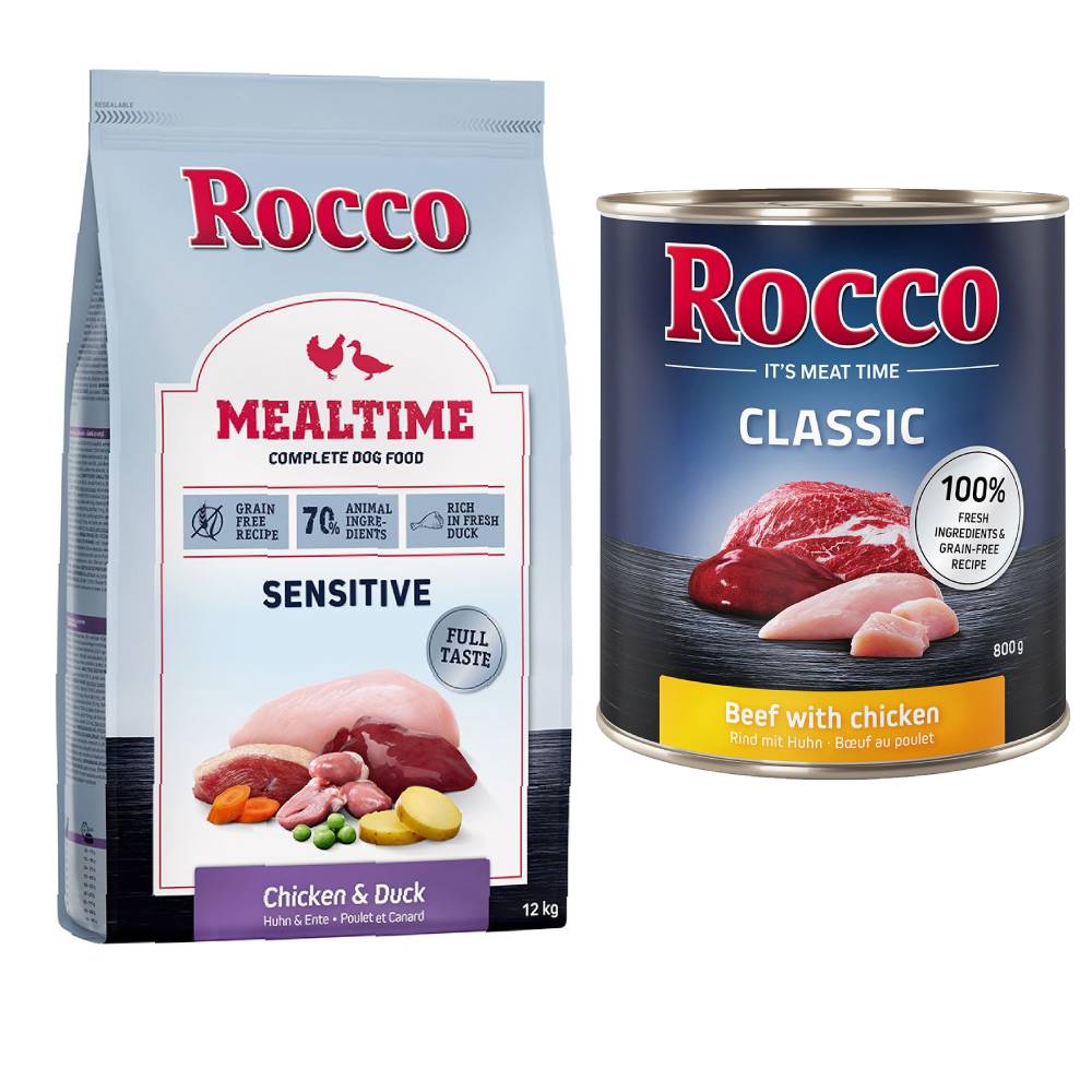 Rocco Kombi-Paket: Mealtime Trockenfutter + Classic Nassfutter - 12 kg Sensitive Huhn & Ente + 24 x 800 g Rind mit Geflügelherzen Rocco Kombi-Paket: Mealtime Trockenfutter + Classic Nassfutter - 12 kg Sensitive Huhn & Ente + 24 x 800 g Rind mit Geflügelherzen von Rocco