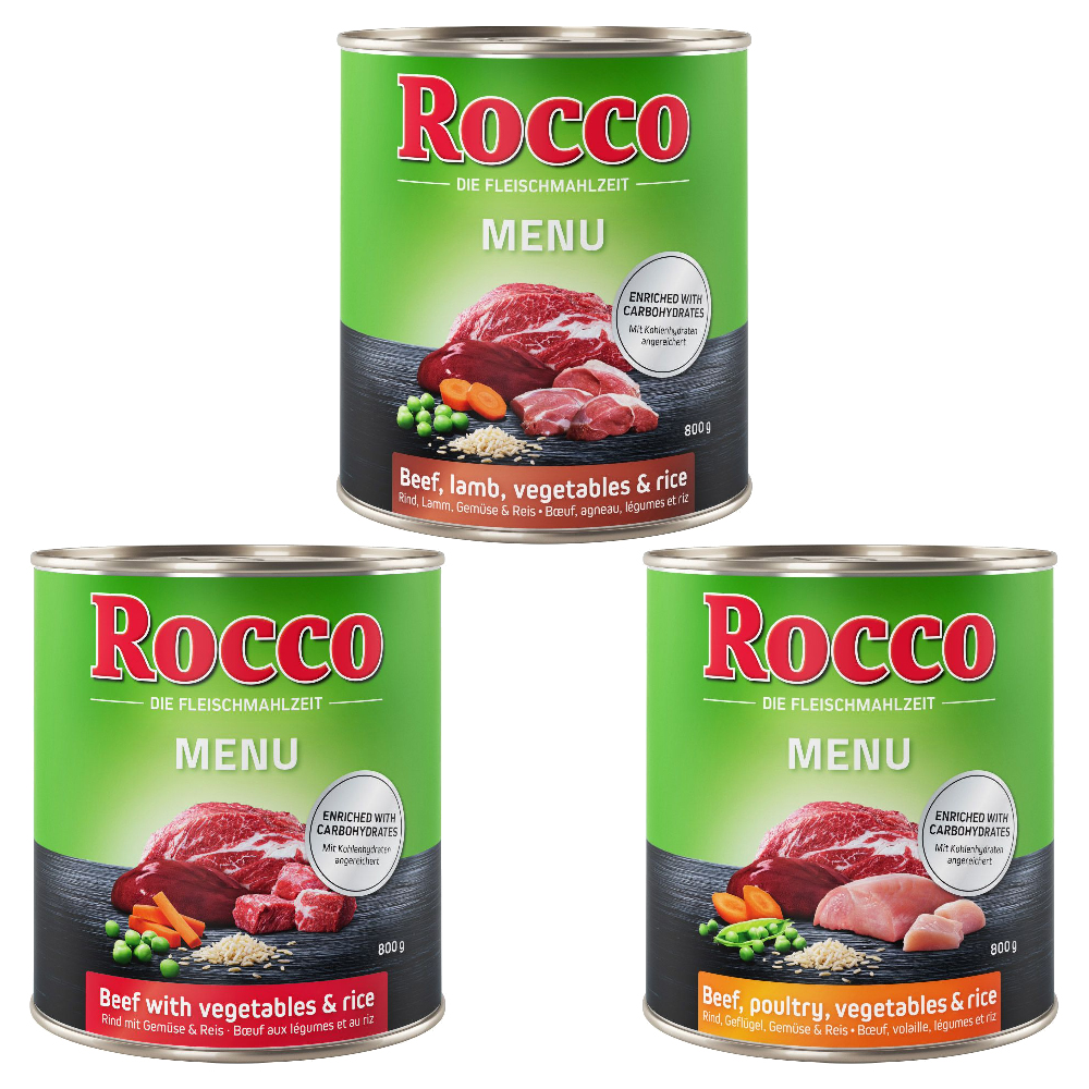 Rocco Menü 6 x 800 g / 400 g 6 x 800 g Probierpakete: 2x Rind/GeflügelGemüse/Reis, 2x Rind/Gemüse/Reis, 2x Rind/Lamm/Gemüse/Reis von Rocco