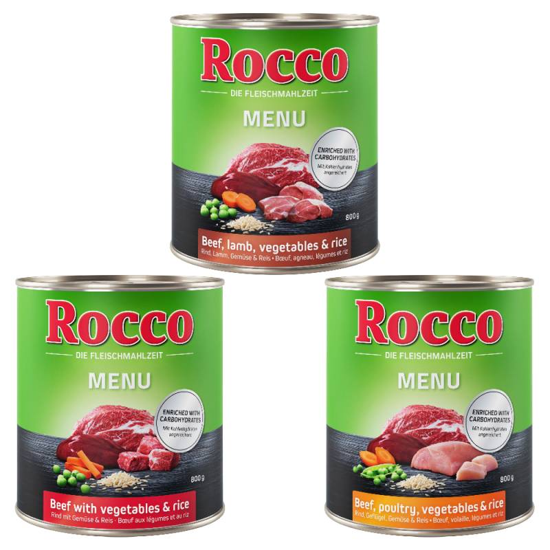 Rocco Menü 6 x 800 g / 400 g 6 x 800 g Probierpakete: 2x Rind/GeflügelGemüse/Reis, 2x Rind/Gemüse/Reis, 2x Rind/Lamm/Gemüse/Reis von Rocco