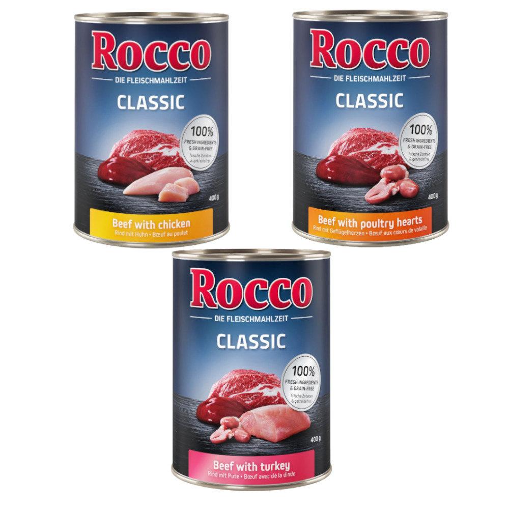 Sparpaket Rocco Classic 12 x 400 g - Geflügel-Mix: Rind/Huhn, Rind/Geflügelherzen, Rind/Pute von Rocco