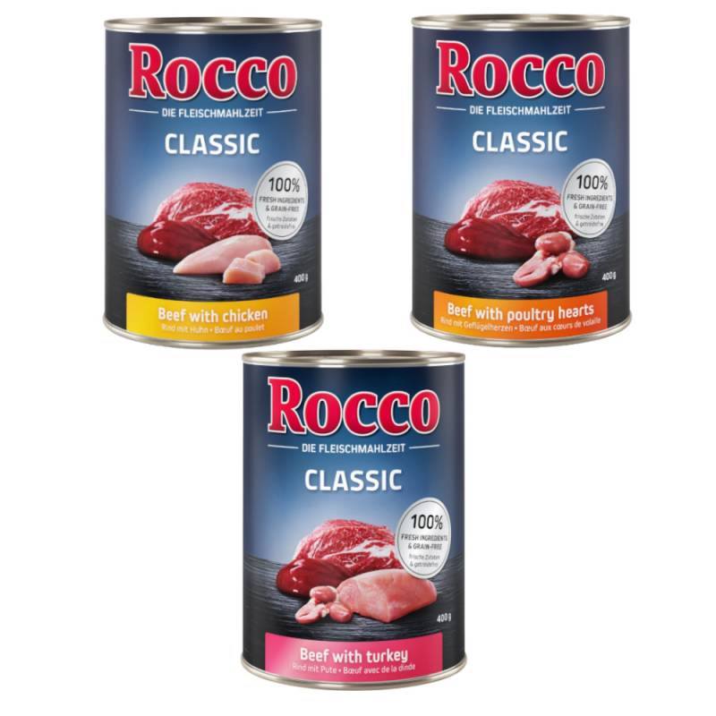 Sparpaket Rocco Classic 12 x 400 g - Geflügel-Mix: Rind/Huhn, Rind/Geflügelherzen, Rind/Pute Sparpaket Rocco Classic 12 x 400 g - Geflügel-Mix: Rind/Huhn, Rind/Geflügelherzen, Rind/Pute von Rocco