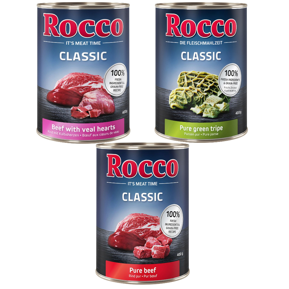 Sparpaket Rocco Classic 12 x 400 g - Rind-Mix: Rind pur, Rind/Kalbsherz, Rind/Pansen von Rocco