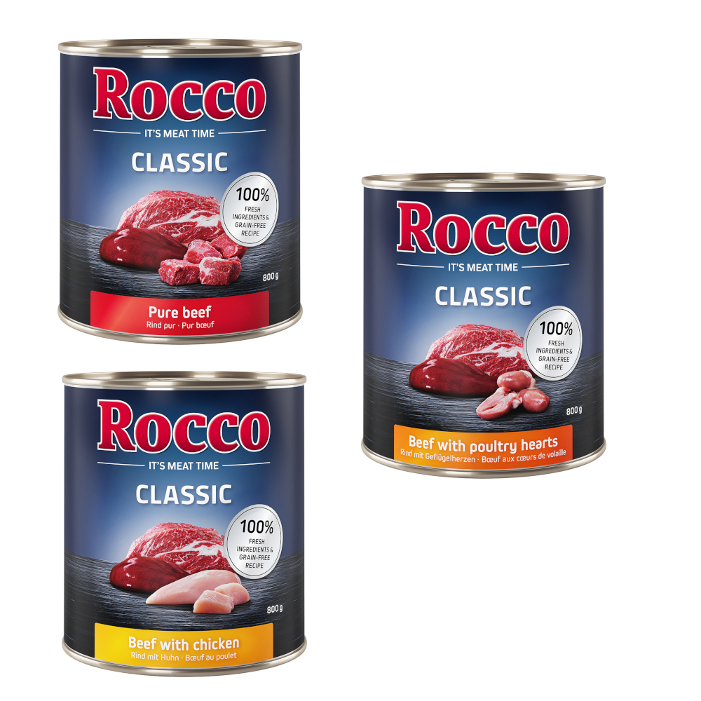 Sparpaket Rocco Classic 12 x 800 g - Geflügel-Mix: Rind/Huhn, Rind/Geflügelherzen, Rind/Pute von Rocco
