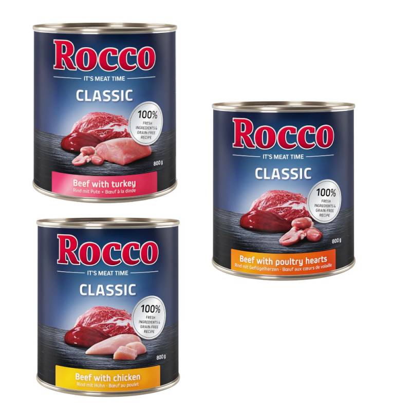 Angebot Rocco Classic 12 x 800 g - Geflügel-Mix: Rind/Huhn, Rind/Geflügelherzen, Rind/Pute von Rocco