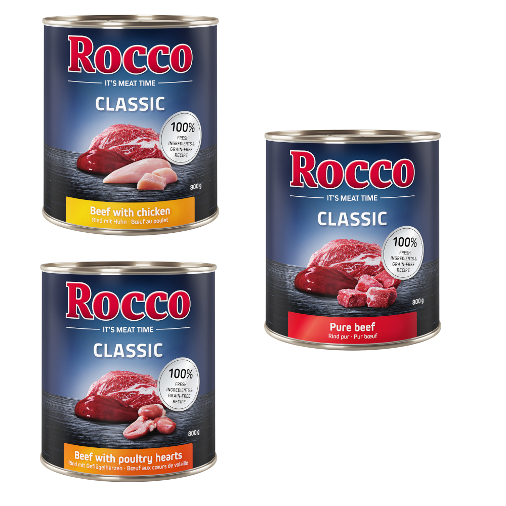Sparpaket Rocco Classic 12 x 800 g - Topseller-Mix: Rind pur, Rind/Geflügelherzen, Rind/Huhn von Rocco