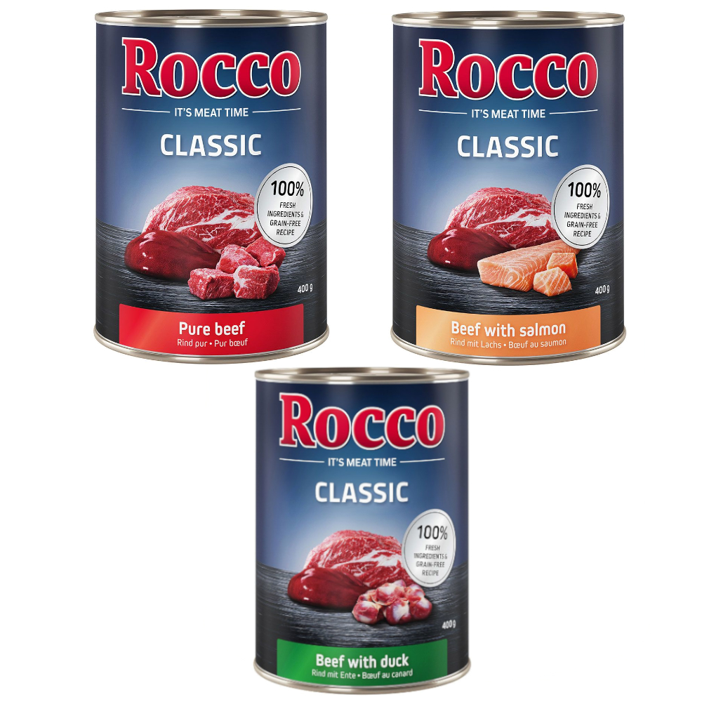 Sparpaket Rocco Classic 24 x 400 g - Exklusiv-Mix: Rind pur, Rind/Lachs, Rind/Ente von Rocco