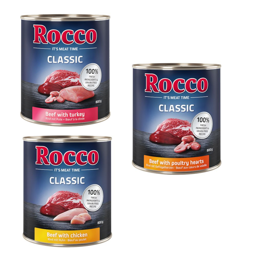 Sparpaket Rocco Classic 24 x 800g - Geflügel-Mix: Rind/Huhn, Rind/Geflügelherzen, Rind/Pute von Rocco