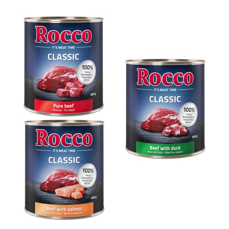 Sparpaket Rocco Classic 24 x 800g - Exklusiv-Mix: Rind pur, Rind/Lachs, Rind/Ente von Rocco
