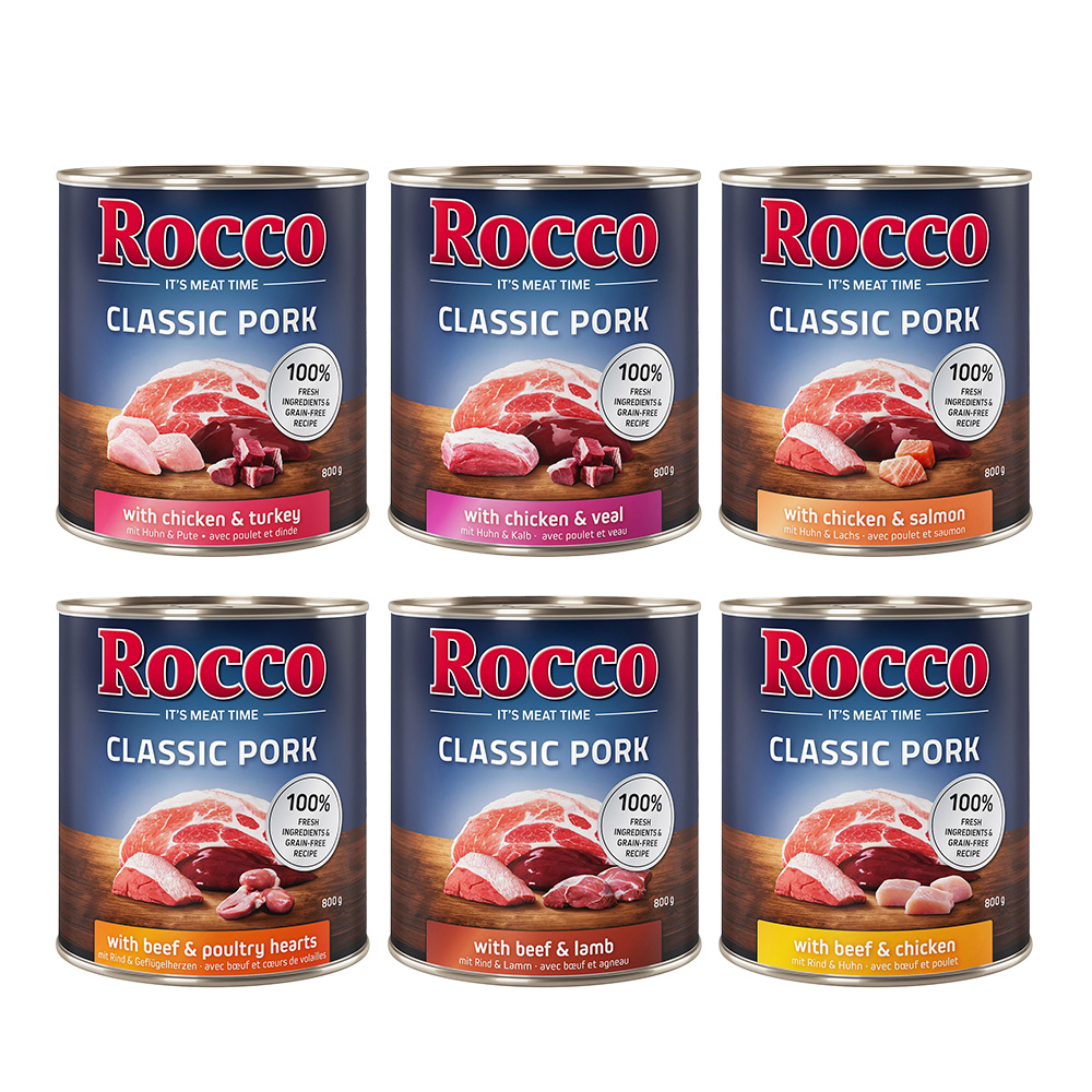 Sparpaket Rocco Classic Pork 12 x 800 g Mix: Rind/Lamm, Huhn/Pute, Huhn/Kalb, Rind/Geflügelherzen, Huhn/Lachs, Rind/Huhn von Rocco