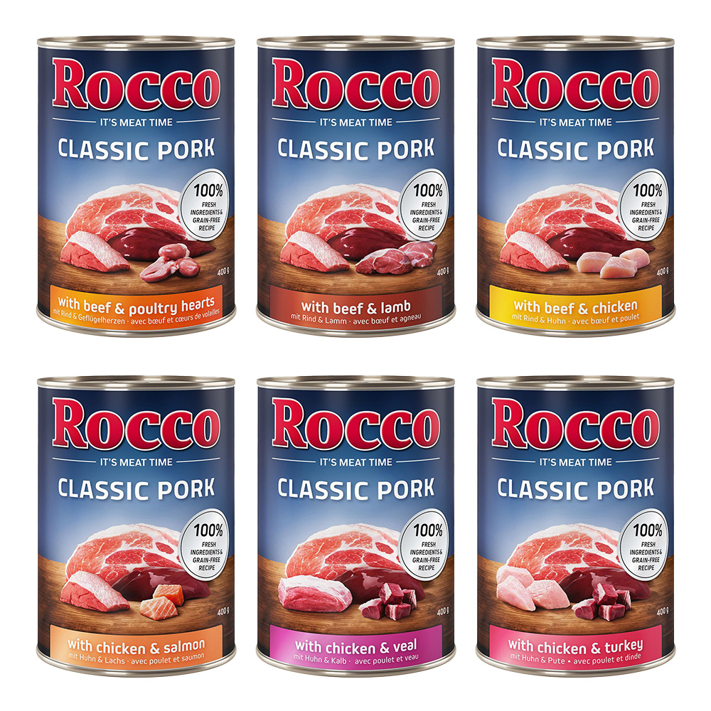 Sparpaket Rocco Classic Pork 24 x 400g Mix: Rind/Lamm, Huhn/Pute, Huhn/Kalb, Rind/Geflügelherzen, Huhn/Lachs, Rind/Huhn von Rocco