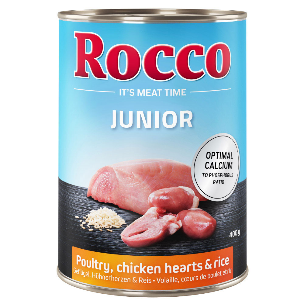 Sparpaket Rocco Junior 12 x 400 g - Geflügel mit Hühnerherzen & Reis von Rocco