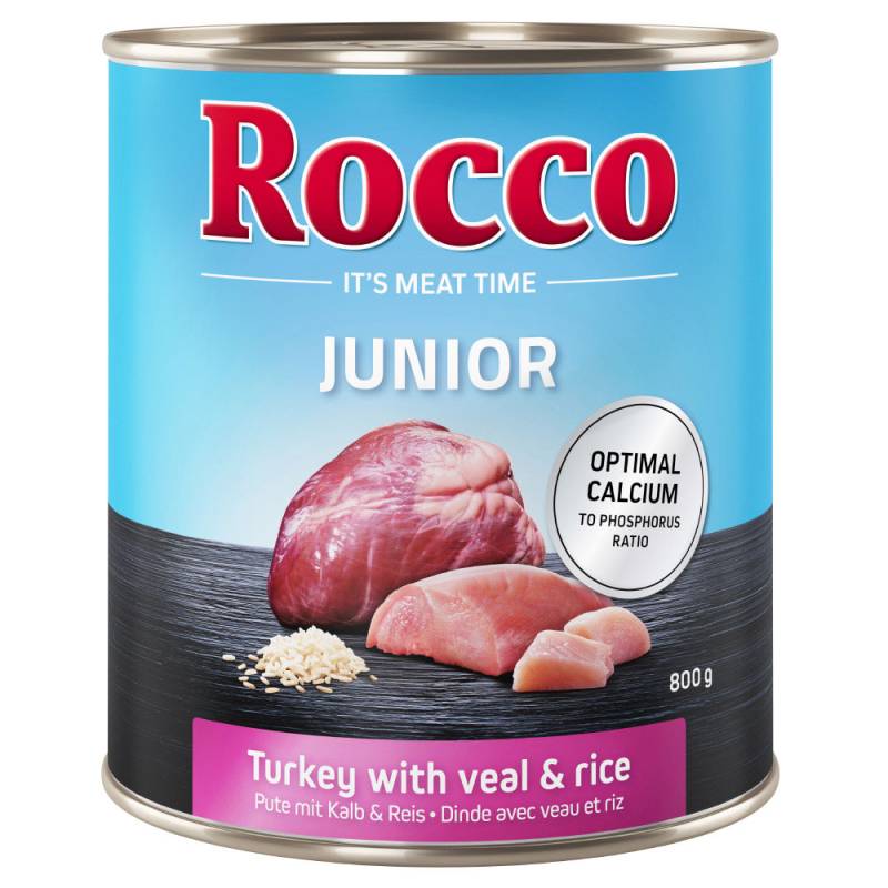 Sparpaket Rocco Junior 24 x 800 g - Mix: Pute mit Kalbsherzen, Geflügel mit Hühnerherzen von Rocco