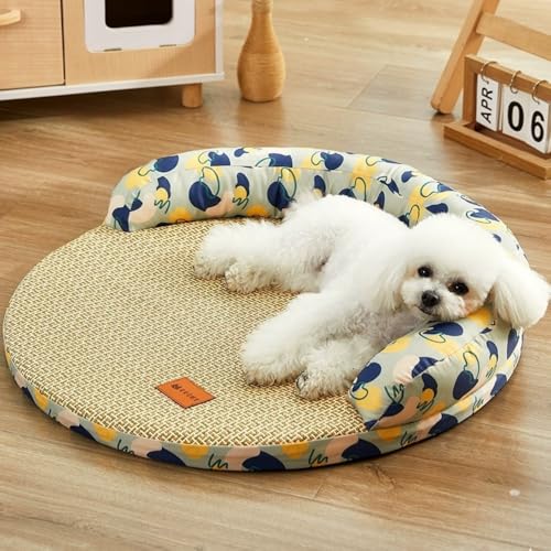 Rundes kühlendes Haustierbett, 4-Jahreszeiten-Hunde- und Katzenmatte mit abnehmbarem, waschbarem Bezug, hochelastischer Schwamm + PP-Baumwolle, 6 niedliche Designs (40 cm/50 cm/60 cm) (grüner Druck, S von Rocky Green