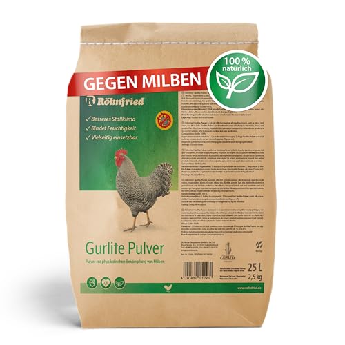 Röhnfried Gurlite® Pulver - 25 L - Effektiver Schutz gegen rote Milbe, Vogelmilben, Läusen, Flöhe, Zecken & Parasiten - Naturprodukt für den Hühnerstall - für Hühner, Wachteln & anderes Geflügel von Röhnfried