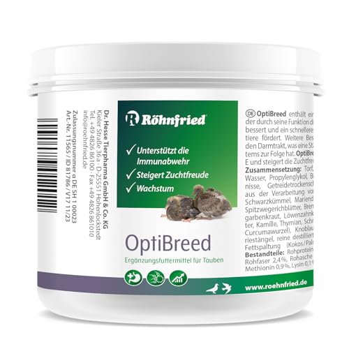 Röhnfried OptiBreed | 200 g | Ergänzungsfuttermittel für Tauben | Premiumaufzucht für vitalere Tiere, bessere Befruchtung & normales Wachstum | Immunsystem & Vitaminversorgung von Röhnfried