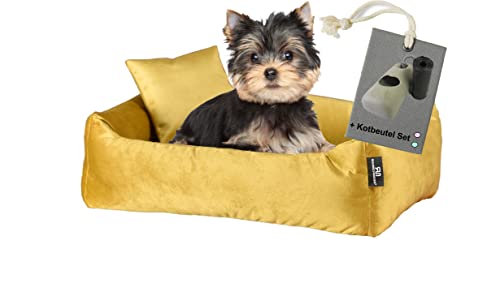 Rohrschneider Luxus Hundebett Kuschelsofa mit Rand, Weich - Inklusive Hundekotbeutel, Samt-Stoff 81.000 Scheuertouren, Senf, Größe S (kleine Hunde) von Rohrschneider