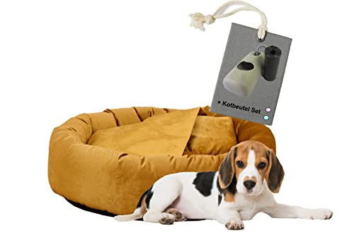 Rohrschneider Luxus Hundekissen Kuschelhöhle Denver, Samtweich, Antirutsch, Inkl. Hundekotbeutel, Größe M (für kleine und mittelgroße Hunde), Samt Farbe Senf von Rohrschneider