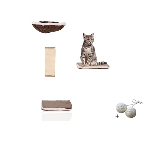 Rohrschneider® Vierteilige Katzen Kletterwand | Katzenmöbel Wandmontage Wandelemente | Katzenspielzeug mit Wandliege für Katzen | Katzen Wandpark mit Katzenhängematte | Katzen Zubehör | Grau von Rohrschneider