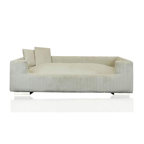 Rohrschneider Hundesofa | Hundebett aus Cord für mittelgroße und Grosse Hunde, hoher Rand, waschbar, Cordstoff aus 100% Polyester | Beige | B90 x T57 x H26 cm | inkl. 2 x Dekokissen von Rohrschneider