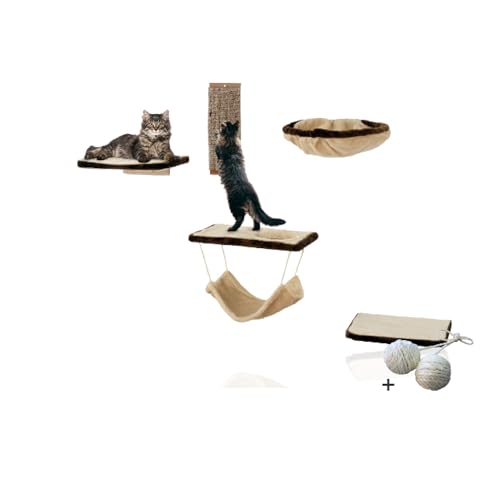 Rohrschneider Luxus Katzen-Kletterwand 6-teilig, Beige - Inklusive Kratzbrett & Höhlenbett | Perfekt für Spiel & Entspannung | Einfache Montage von Rohrschneider
