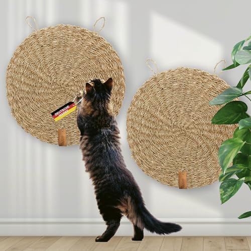 Rohrschneider Kratzmatte rund Katze handgeflochten aus Naturmaterial Seegras | Kratzbrett zum Schutz von Sofa, Teppich und Anderen Möbeln | Katzen Zubehör für Wand und Fußboden | 37 cm | 2er Set von Rohrschneider